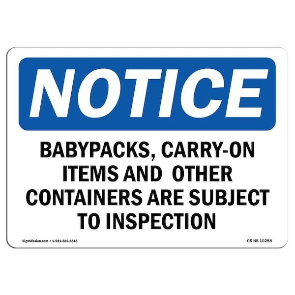 Sign, 7" H, Aluminum, Backpacks Carry-Items And Other Containers Sign, Landscape, L-10288